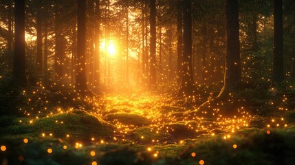 Golden Forest Path with Firefly Magic
