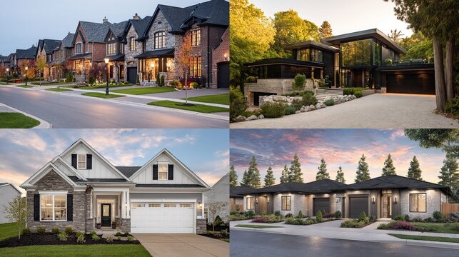 A collection of diverse residential homes showcases varying architecture styles and environments in different settings