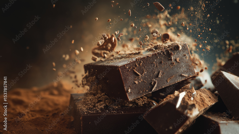 Poster Rich dark chocolate bars explode into cloud of cocoa powder, creating dynamic and indulgent scene. texture and aroma of chocolate are almost palpable