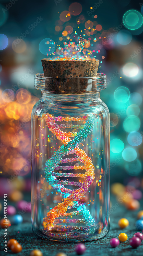 Poster vibrant dna strand made of glowing particles swirls inside glass jar, creating magical and scientifi