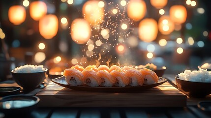 Obraz premium A cozy anime home dinner with a handcrafted sushi platter on a wooden table, fish pieces glistening and sparkles gently hovering over them. Scene is near dipping sauces, rice bowls,