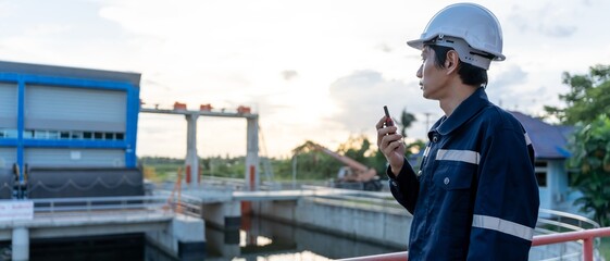 maintenance and inspector. Maintenance engineers are using walky talky to inform the results of...