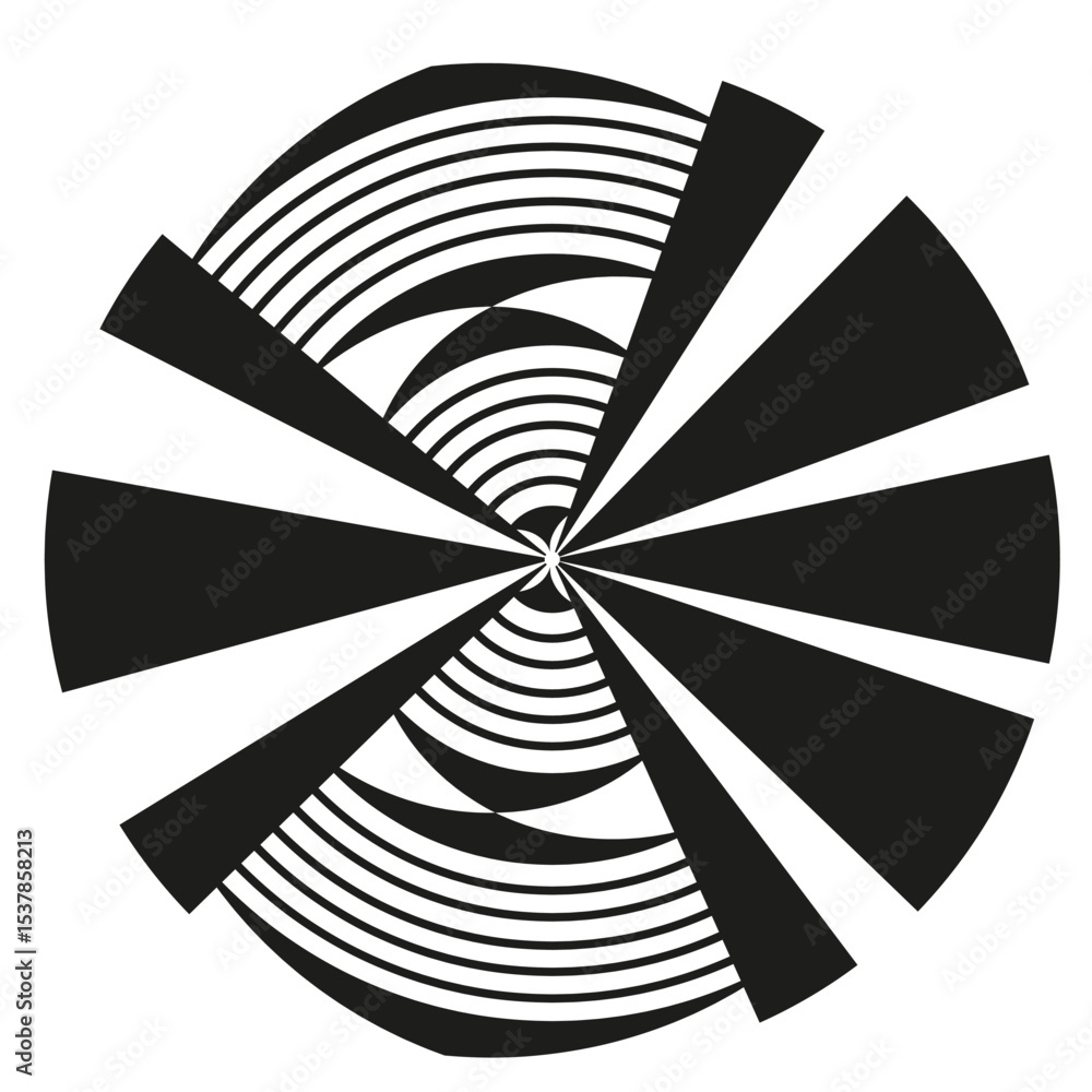 Poster black arc icon. abstract geometric shape. segmented radial figure. vector bold form.