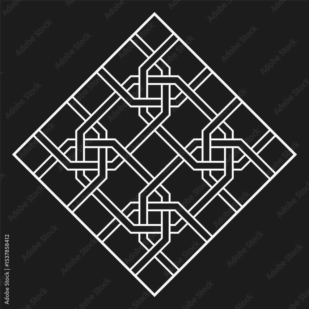 Poster diamond knot shape. interlaced square pattern. monochrome linear icon. vector abstract form.
