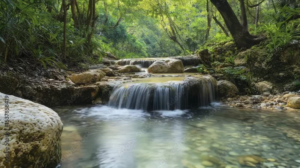 Poster a serene forest stream flows over rocks, creating gentle waterfalls surrounded by lush green foliage