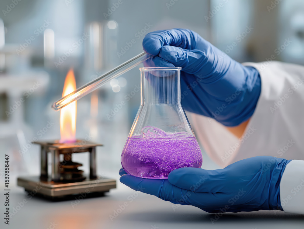 Aufkleber Scientist wearing blue gloves holds flask with purple liquid, conducting experiment in laboratory setting with lit Bunsen burner in background