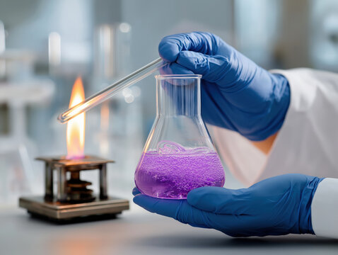 Scientist wearing blue gloves holds flask with purple liquid, conducting experiment in laboratory setting with lit Bunsen burner in background