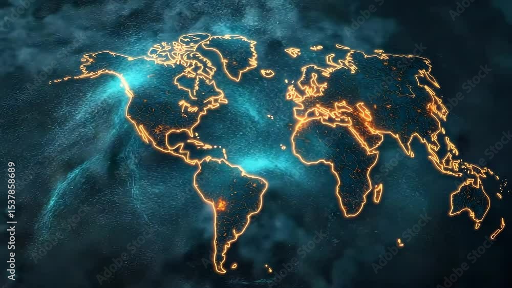 Poster a glowing digital world map highlighting major cities and global connections against a dark backgrou