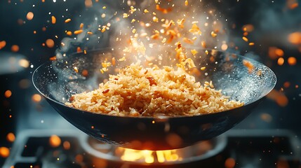 A dynamic anime-style close-up of fried rice midair during a powerful wok flip, grains and ingredients frozen in motion, fiery wok glow underneath. The rice is near a flaming stove.
