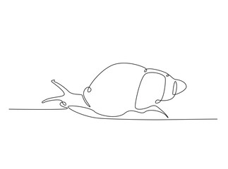 Snail in single outline illustration. Continuous line art drawing of garden snail. Editable stroke.