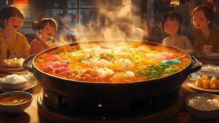 A festive anime-style dinner table with a large hot pot in the center, colorful ingredients swirling in golden broth, steam dancing upward. Scene is near smiling friends and bowls of rice.