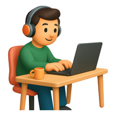 Working and Learning at Home: A young man is seen fully immersed in his work or study, using a laptop computer while wearing headphones, with a coffee mug, a setting of comfort, concentration.