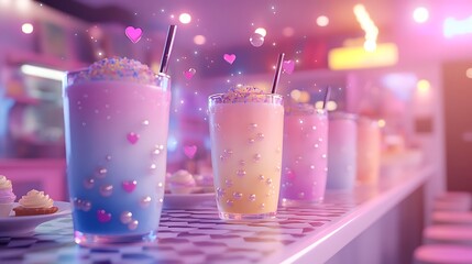 A kawaii anime café setting with a group of bubble tea cups in pastel colors, pearls visibly bouncing in the liquid, surrounded by floating hearts and sparkles.
