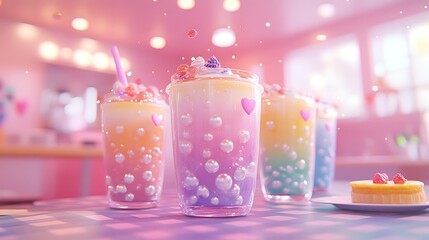 A kawaii anime café setting with a group of bubble tea cups in pastel colors, pearls visibly bouncing in the liquid, surrounded by floating hearts and sparkles.