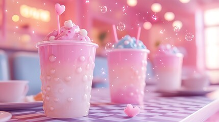 A kawaii anime café setting with a group of bubble tea cups in pastel colors, pearls visibly bouncing in the liquid, surrounded by floating hearts and sparkles.