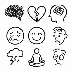 Simple Line Drawings Illustrating Mental Health Emotions Sadness Happiness Anxiety Stress and Wellbeing