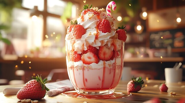 A kawaii anime café table with an elaborately layered parfait in a glass cup, overflowing with whipped cream, giant strawberries, lollipops, and glittering syrup trails.
