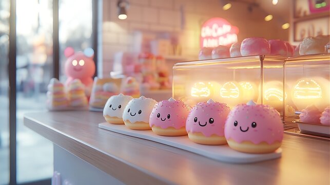 A kawaii donut shop counter with neatly arranged pastel donuts, tiny cartoon faces glowing under soft display lighting. Scene is near a glass window with soft daylight.
