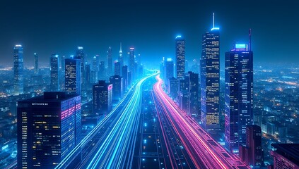 Obraz premium Conceptual illustration of a glowing smart city with animated power lines, connected buildings, and neon-lit circuits representing real-time energy flow and AI-driven systems.