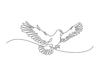 Flying pigeon in single outline illustration. Continuous line art drawing of dove bird. Editable stroke.