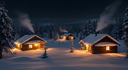 Snowy Log Cabins at Night