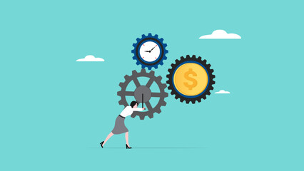 business driver, manager of business management or business strategy, business leadership skill, smart business woman turns gears to drive business turnover concept vector illustration
