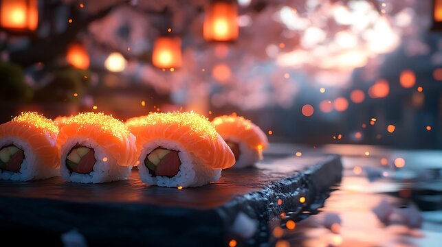 A magical sushi bar scene in anime style, where each sushi piece glows subtly with internal light, surrounded by animated sparkle particles, set on a dark slate plate.