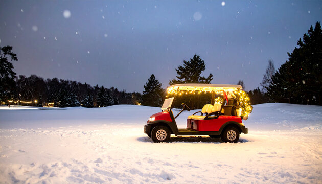 A decorated golf cart sits on a snowy golf course at twilight, illuminated by festive wintery lights