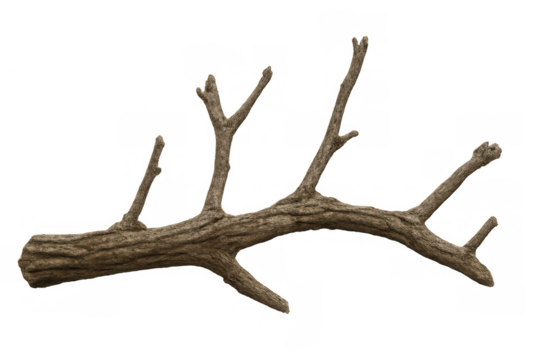 Bare branch spreading multiple twigs, silhouetted against transparent background, highlighting natural botanical details