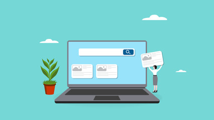 website development, create an online business site, build landing page homepage layouts for business growth, businesswoman bring web banner icons to build online site on computer laptop screen