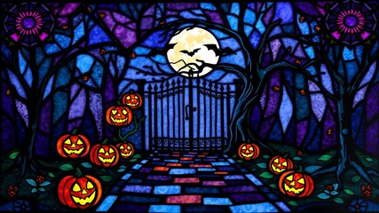 Halloween stained glass design featuring pumpkins moon bats and a spooky iron gate