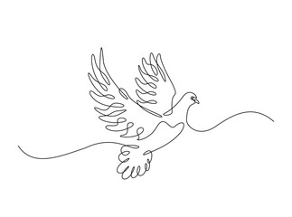 Flying pigeon in single outline illustration. Continuous line art drawing of dove bird. Editable stroke.
