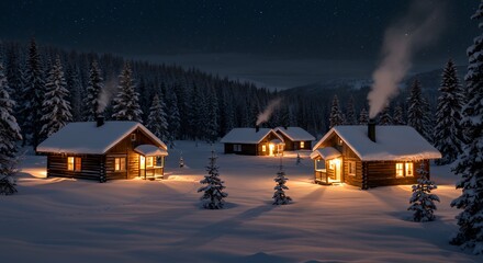 Snowy Cabin in Winter Forest at Night