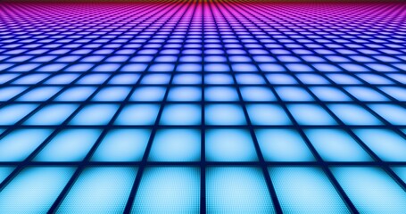 Futuristic glowing gradient color led floor background. Shining tiled plane in perspective. 3D rendering.