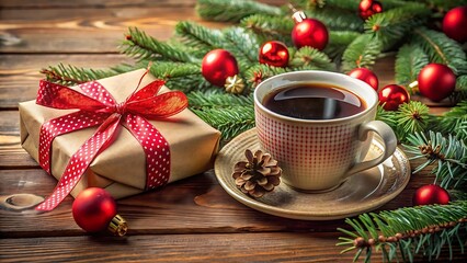 Christmas Morning Coffee with Gift Wrap and Decorations