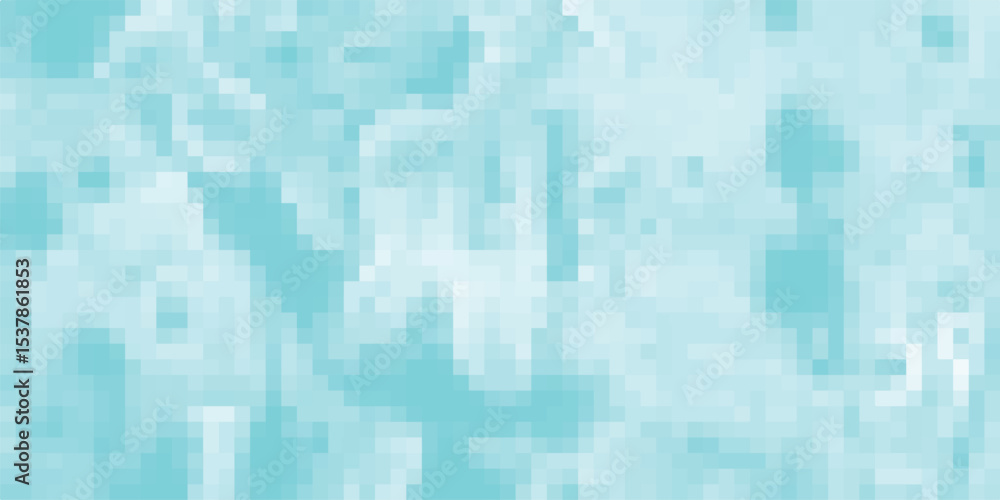 Poster a blue digitally pixelated design showcasing a mosaic of shapes with cool tones evoking a sense of t