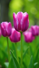Naklejka premium Stunning single late violet tulips in a spring meadow Green foliage backdrop , outdoor, flora, landscape