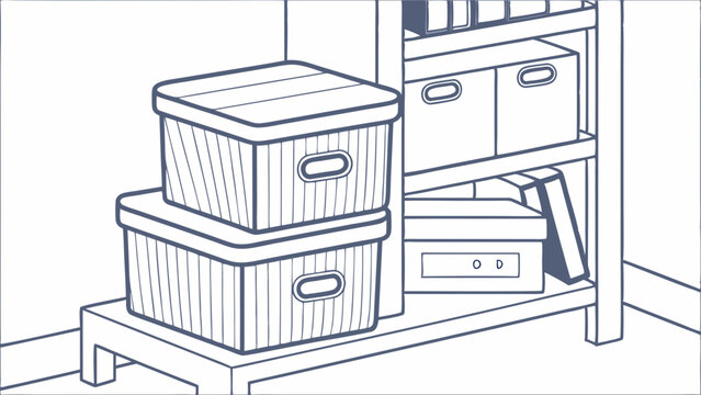 Organized Storage: Stacked Boxes and Shelves, Blue Line Art.