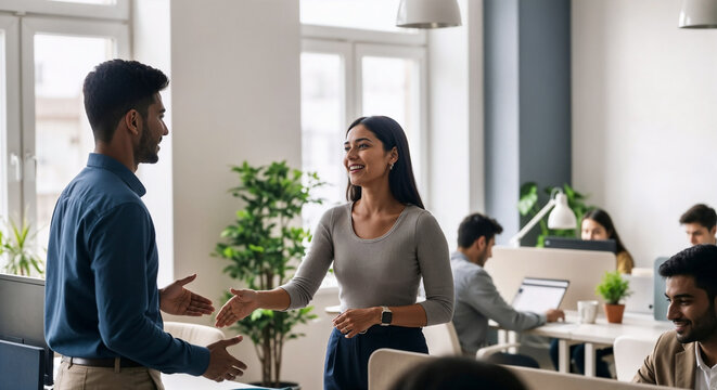 HR manager welcoming new employee on first day of onboarding