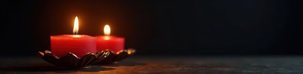 Two burning candles illuminate ornate holder against deep black, antique, still life