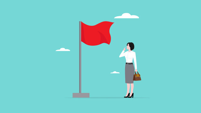 Red flag warning to be careful for business or economic, smart business woman who is careful of red flags a symbol of business or economic disaster