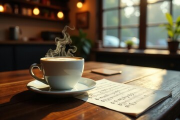 Warm coffee, steam rising, wooden cafe table, musical notes, morning, breakfast, retro
