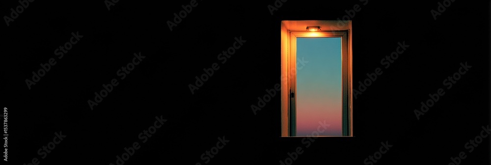 Poster symbolic closed window with a soft, warm glow illuminating the horizon at dusk