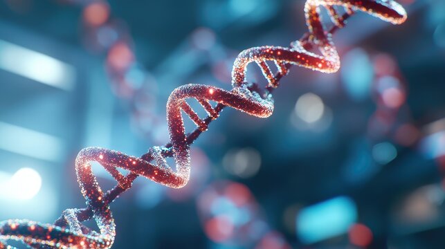A detailed, glowing depiction of a DNA strand