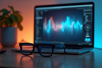 Modern workspace with smart glasses placed next to a laptop, soft ambient lighting, tech minimalist style