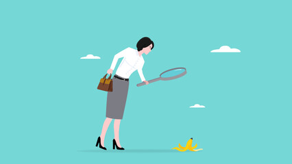 identify dangers in business or economic disasters, Analyze the company's financial health before investing, business woman using a magnifying glass to observe the dangers of banana peels on the road