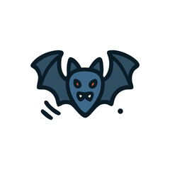 A stylized illustration of a bat with spread wings, featuring red eyes.