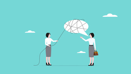 improve employee communication, Help employees to communicate well, enhance employee enthusiasm, humble business woman frees employee conversation bubbles from messy lines that bind