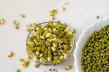 Sprouted moong, mung or green gram, organic type, a healthy vegetarian food in bowl, and in the white background is a bowl of regular moong.