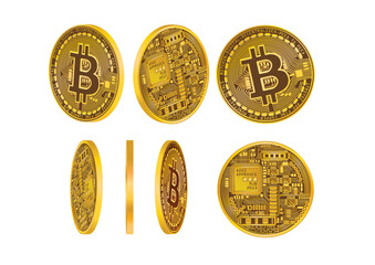 Array of Bitcoin cryptocurrency coins displayed from various angles showing intricate circuit patterns and approval markings.